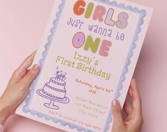 Girls Just Wanna Be One Birthday Invitation Template, First Birthday Girl Invite, Editable Canva Template, 1st Birthday Party Invite