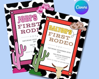 My First Rodeo Birthday Invitation Template | First Birthday Invite | Western Cowboy Cowgirl Party | Canva Editable Template