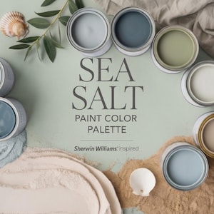 May include: An overhead shot of open paint cans in various shades of blue, green, and beige, arranged around the words "SEA SALT PAINT COLOR PALETTE." The image includes seashells and foliage, with the Sherwin Williams logo.