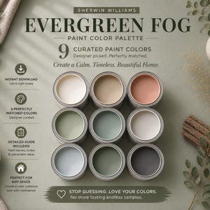 May include: An advertisement for the Sherwin Williams "Evergreen Fog" paint color palette. The image displays nine small paint cans in various muted colors, arranged in a grid. Text includes "9 Curated Paint Colors" and "Create a Calm. Timeless. Beautiful Home."