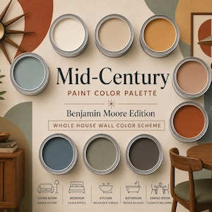 May include: A Mid-Century paint color palette Benjamin Moore Edition featuring eight circular paint cans in shades of white, beige, gold, light blue, peach, terracotta, dark blue, sage green, and charcoal gray arranged on a wall with room icons.