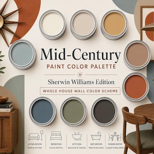 May include: A Mid-Century paint colour palette guide featuring nine circular paint cans in various shades including blue, green, brown, orange, and cream. The text reads Mid-Century PAINT COLOUR PALETTE Sherwin Williams Edition WHOLE HOUSE WALL COLOUR SCHEME.