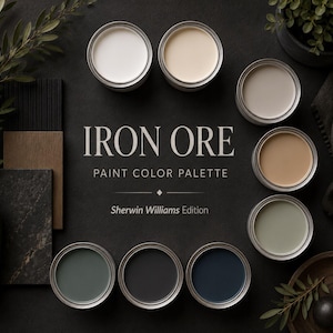 May include: A paint color palette titled IRON ORE PAINT COLOR PALETTE Sherwin Williams Edition, featuring eight open circular paint cans in various shades including white, beige, gray, tan, sage green, dark teal, charcoal, and navy blue.