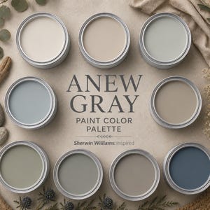 May include: Eight circular paint cans arranged in a circle, each containing a different shade of gray, blue, or beige paint. The center text reads ANEW GRAY PAINT COLOR PALETTE and Sherwin Williams: inspired. The cans are open and circular.