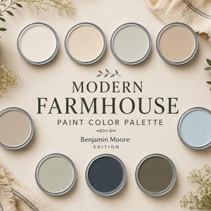 Può includere: Una tavolozza di colori per vernici Modern Farmhouse edizione Benjamin Moore con nove campioni circolari in tonalità bianco, beige, azzurro, verde salvia, blu navy scuro e verde oliva disposti attorno al testo centrato su sfondo neutro.