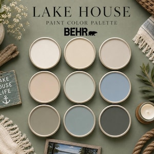 May include: A Behr Lake House paint color palette featuring nine circular paint samples in shades of white, beige, gray, light blue, and dark green. The text reads Lake House Paint Color Palette Behr and Lake House Life with an anchor icon.