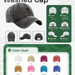 May include: A dark gray vintage washed cap with a curved brim. The image includes a color chart with various cap colors, including white, sand, red, and blue. The text "CATALOGUE CAP" and "Vintage Washed Cap" are visible.