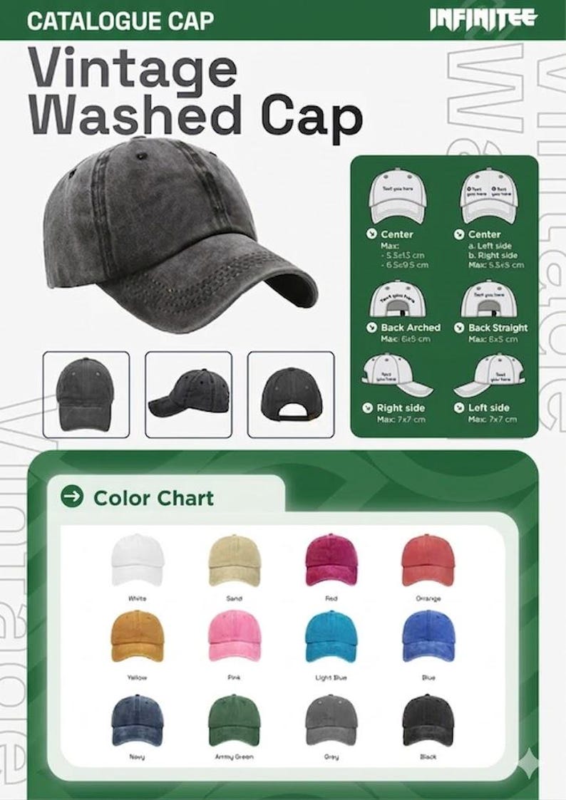 May include: A dark gray vintage washed cap with a curved brim. The image includes a color chart with various cap colors, including white, sand, red, and blue. The text "CATALOGUE CAP" and "Vintage Washed Cap" are visible.