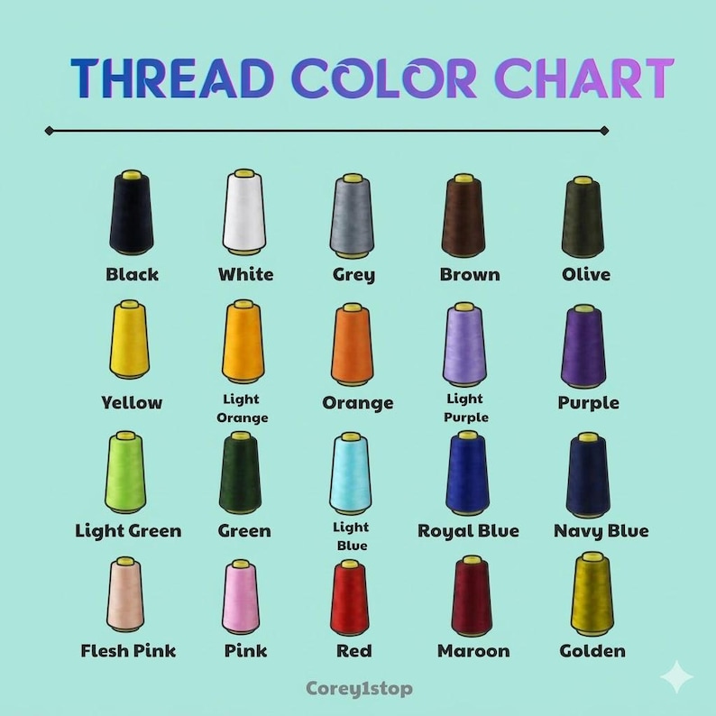 May include: A thread color chart with 18 different thread colors, including black, white, grey, brown, olive, yellow, light orange, orange, light purple, purple, light green, green, light blue, royal blue, navy blue, flesh pink, pink, red, maroon, and golden.