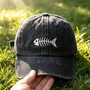 Fish Bone Embroidered Dad Hat | Washed Black Vintage Trucker Cap