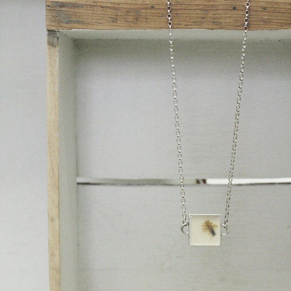 SALE Dendritic Agate Delicate Square Set Stirling Silver Necklace