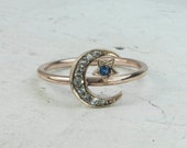 RESERVED The Victorian Diamond Crescent Ring - 9ct Rose Gold Diamonds Sapphire Lunar Star