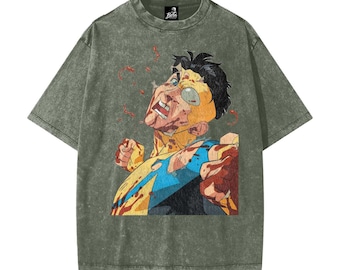 Invincible Heavyweight Snow Washed T-Shirt | Comic Superhero Cotton Shirt Superhero Graphic T Shirt, Alien Warrior Comic Art Tee