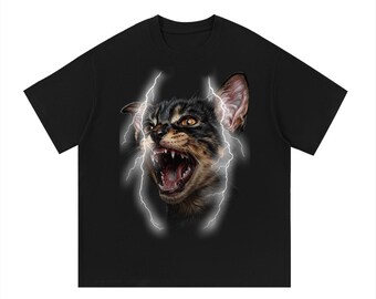Electric Cat Graphic Tee, Lightning Streetwear Shirt, Anime Style Cat Design