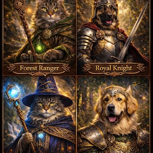 Puede incluir: Ilustración fantástica con cuatro animales en roles medievales. Un gato como Guardabosques, un perro como Caballero Real, un gato como Mago Místico y un perro como Guardián Élfico. El título "Legendary Tails" está en la parte superior.