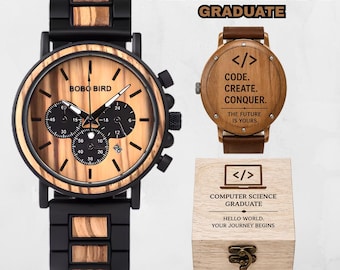 Personalized Computer Science Graduation Gift | Engraved Wooden Watch | Coding IT Gift | Programmer | Custom Name