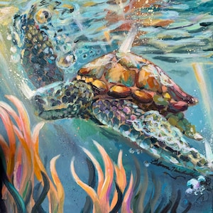 May include: An underwater painting of a sea turtle swimming in a turquoise ocean. The turtle's shell is a mix of brown, orange, and green hues. Orange seaweed and bubbles add to the aquatic scene. Light rays filter through the water.