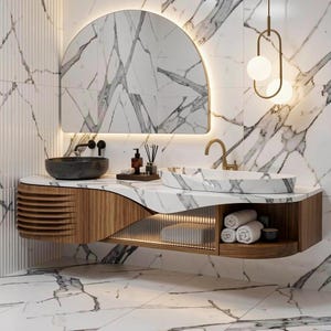 Handmade Calacatta Marble Bathroom Vanity with Free Mirror & Faucet | Solid Wood Sink Cabinet | 59" x 24" x 35" | Made to Order