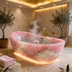 Bañera exenta de ónix rosa – Bañera de piedra de lujo de 183 cm, bañera profunda estilo spa, elaborada artesanalmente.