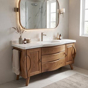 48 in handgefertigter massiver Walnuss Badezimmer Waschtisch - Modernes freistehendes Mid-Century Marmor Top Einzelwaschbecken mit gratis Spiegel und Wasserhahn