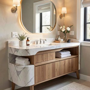 48-Zoll-Eiche & Calacatta Marmor Badezimmer Eitelkeit (Einzelwaschbecken)