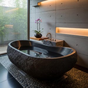 Bañera de piedra independiente de 178 cm (70") – Bañera de spa de lujo de estilo japonés con grifería incluida.