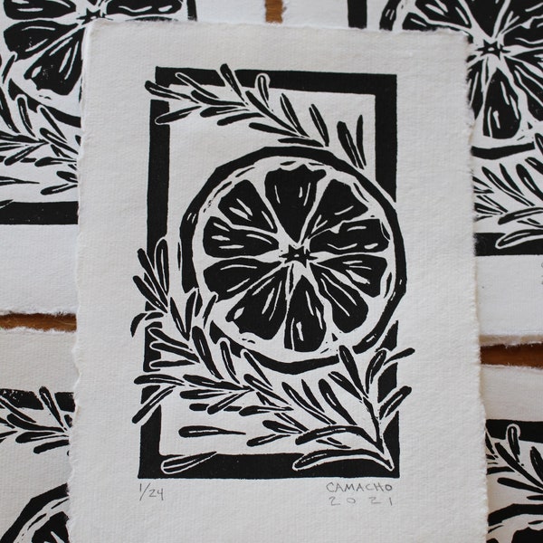 Orange and Rosemary 5x7", Original Block Print, Wall Art