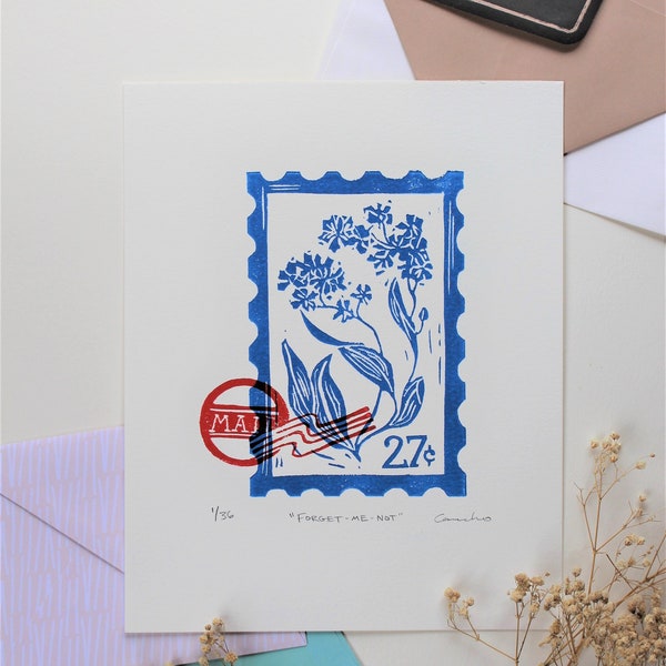 Forget-Me-Not Stamp, Original Linocut Print, Stamp Illustration