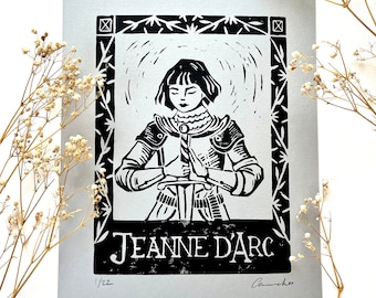Original Linocut Joan of Arc (Jeanne D'Arc) Print