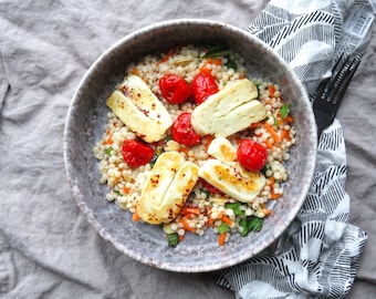 Fried Halloumi and Tomatoes Recipe with Hot Honey Couscous for Two (Printable Download)