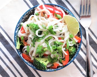 Green Curry Noodle Tofu Stir-Fry, Healthy Vegan Recipe for Two, Printable Digital Download