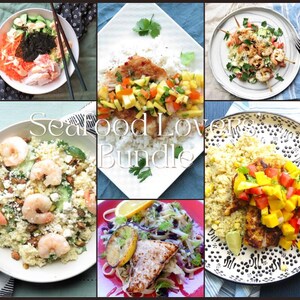 May include: A selection of six seafood dishes, including prawns, fish, and rice, presented on plates and bowls. The image is overlaid with the text "Seafood Lover's Bundle". The dishes are garnished with various ingredients.