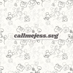 Peut inclure: Un motif répétitif de dessins au trait noir et blanc représentant des têtes de souris stylisées, des mains gantées et des shorts, avec le texte callmejess.svg centré en police gris foncé sur le motif. Les éléments sont disposés en continu.