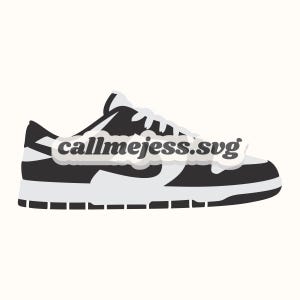 May include: A black and white sneaker illustration featuring a low-top design with a rounded toe, white laces, and a thick white sole. The text callmejess.svg is overlaid across the side panel of the shoe in a dark grey, stylized font.