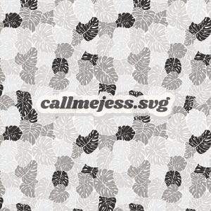 Peut inclure: Un motif répétitif de feuilles de monstera dans des tons de noir, gris foncé, gris clair et blanc. Le texte callmejess.svg est imprimé dans une police sans empattement gris foncé sur un fond rectangulaire blanc aux coins arrondis.
