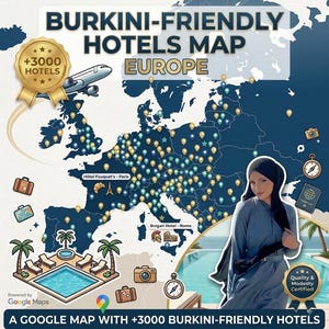 Peut inclure: Une carte numérique de l'Europe intitulée Burkini-Friendly Hotels Map avec plus de 3000 épingles, un badge doré, un avion, des icônes de voyage et une personne portant un hijab bleu foncé et une robe assortie près d'une piscine.