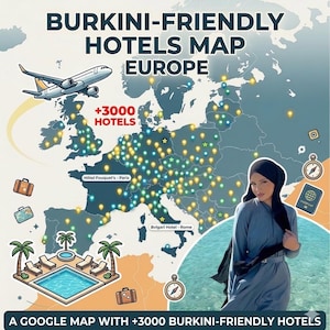 Puede incluir: Un mapa de Europa con hoteles marcados, titulado "Mapa de hoteles aptos para burkinis en Europa". La imagen incluye un avión, una mujer con traje de baño modesto y el texto "+3000 Hoteles". El texto inferior dice "Un mapa de Google con +3000 hoteles aptos para burkinis."