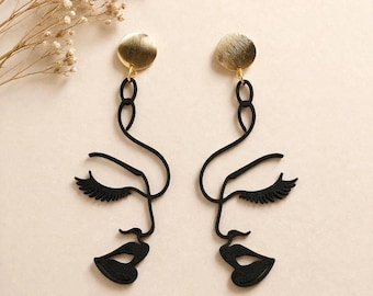 Statement Ohrringe Gesicht groß | Face Line Art Earrings | abstrakt modern minimalistisch | schwarz gold | Geschenk für sie | modern jewelry