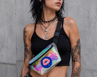 Dripping Lip Graphic Fanny Pack | Transparent Iridescent Waist Bag
