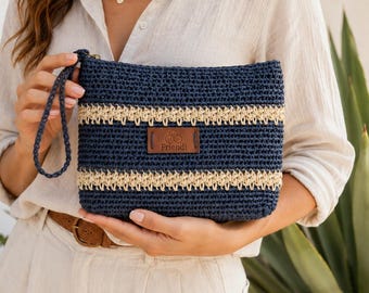 Blue Crochet Clutch Bag: Handmade Wristlet Purse, Boho Summer Crochet Handbag