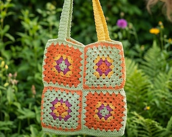 Crochet Granny Square Bag: Handmade Retro Tote Bag, Colorful Boho Shoulder Bag