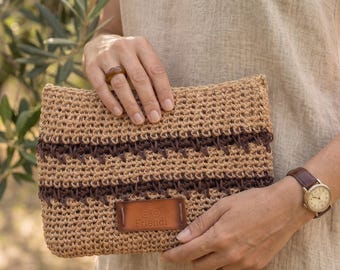 Handmade Green Crochet Clutch Bag: Boho Mini Organizer Pouch, Striped Crochet Wallet