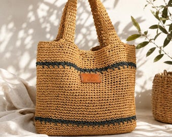 Handmade Straw Tote Bag: Minimalist Crochet Shoulder Bag, Raffia Beach Tote Purse, Summer Market Handbag