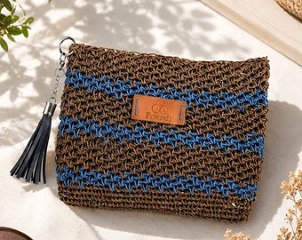 Handmade Crochet Clutch Bag: Taupe & Turquoise Woven Pouch, Raffia Makeup Bag