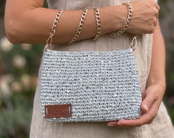 Handmade Sequin Crochet Shoulder Bag: Cream Evening Purse with Gold Chain, Elegant Clutch Bag