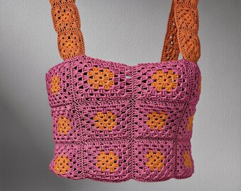 Crochet Granny Square Crop Top | Pink Orange Boho Festival Tank