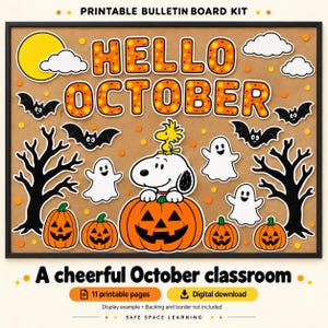 Può includere: Un kit per bacheca stampabile con il testo HELLO OCTOBER in lettere arancioni a pois. Il design include un personaggio Snoopy seduto su una zucca, circondato da fantasmi bianchi, pipistrelli neri, alberi spogli e una luna gialla.