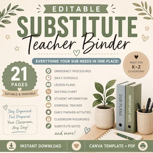 May include: An editable substitute teacher binder template featuring 21 pages, including sections for emergency procedures, daily schedules, lesson plans, seating charts, student information, dismissal trackers, early finisher activities, and classroom passwords.