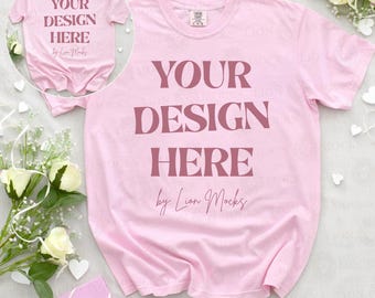 Front and Back Comfort Colors 1717 Flatlay Wedding Mockup, CC1717 Blossom Flat Lay Bride Anniversary Wedding Mockup