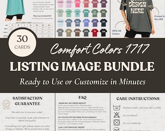 Comfortkleuren 1717-shirt Etsy-lijstafbeeldingsbundel, CC1717-maattabel, Kleurengids, sjabloon met veelgestelde vragen, aanpasbare infokaarten voor POD-winkels